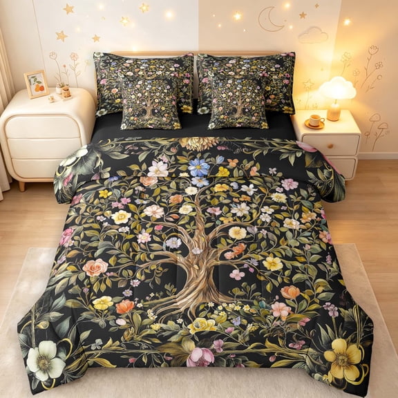 Homewish Vintage Tree Of Life 7-Piece Twin Bedding,Romantic Floral Bedding Comforter Set,Black Green,Black Reversible