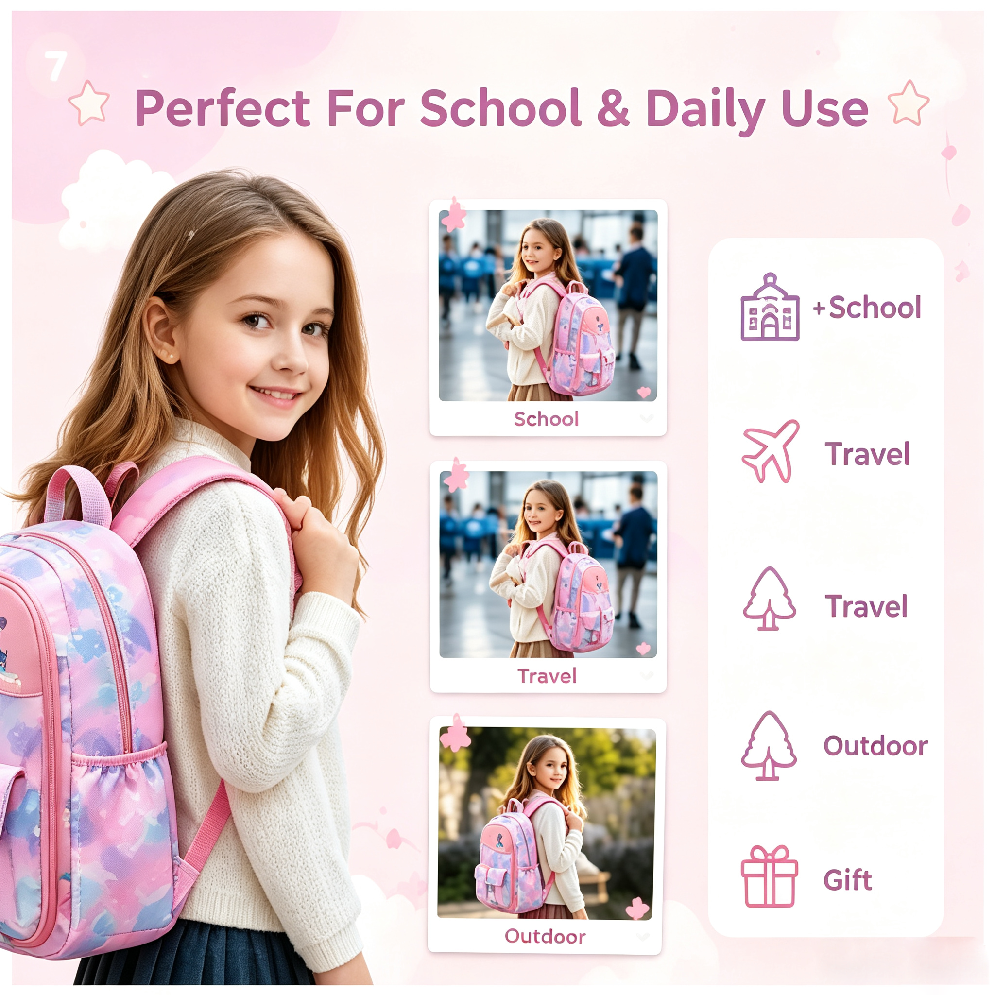 Mochilas escolares para niñas adolescentes, ligeras, con múltiples bolsillos, para secundaria y universidad, rosa 3