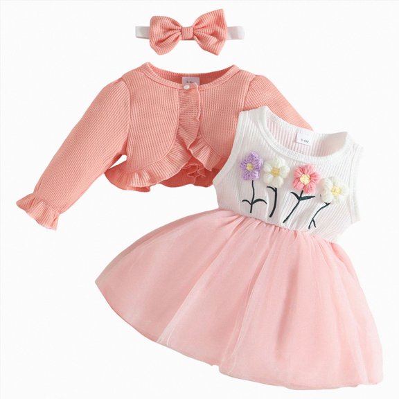 WUANDIXFA Toddler Girls Fall Outfits Sweet Baby Girl Long Sleeve Jacket Vest Flower Dress Hairband Set,Pink,9-12 Months