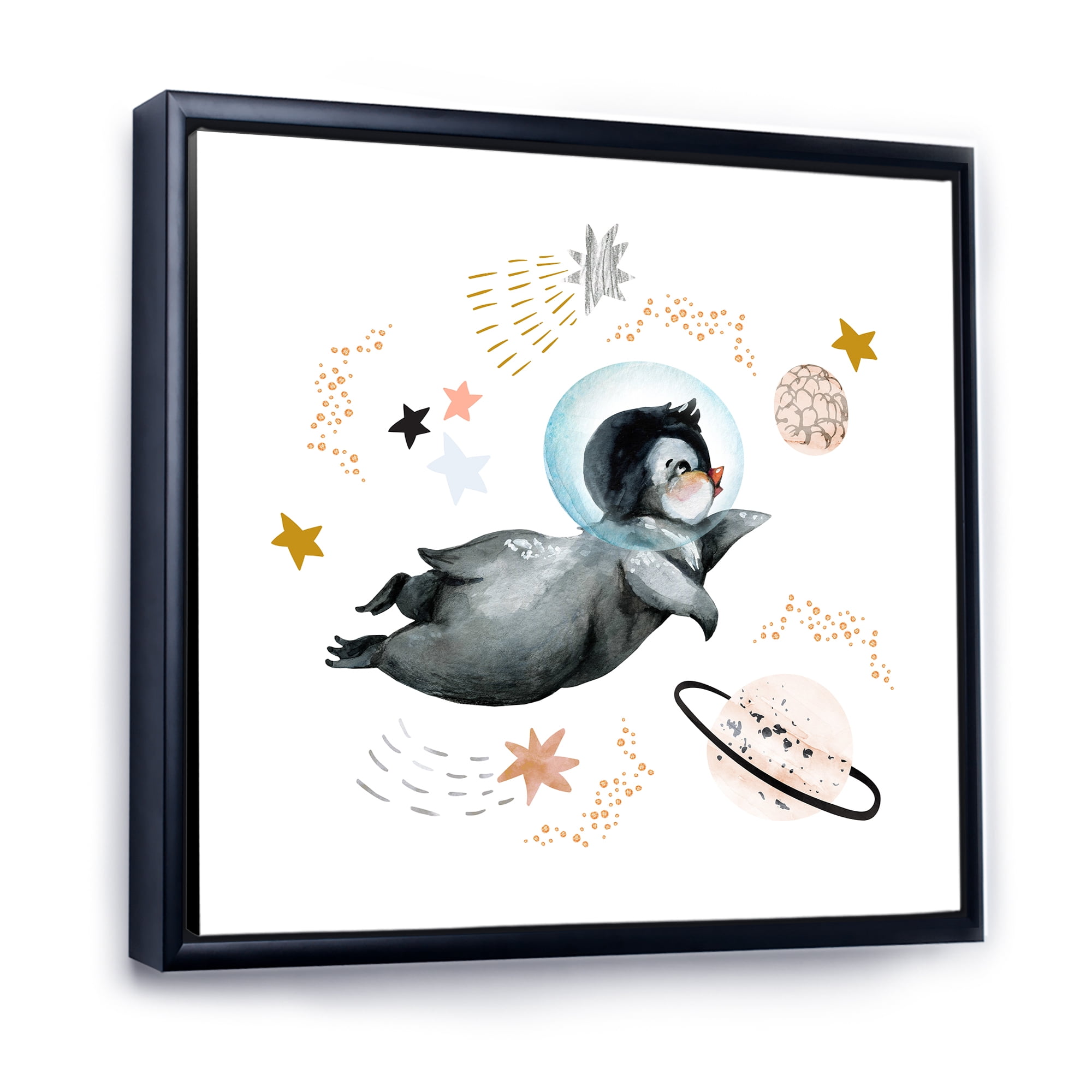 Designart 'Little Penguin Flying Planets and Stars II' Farmhouse Framed Canvas Wall Art Print