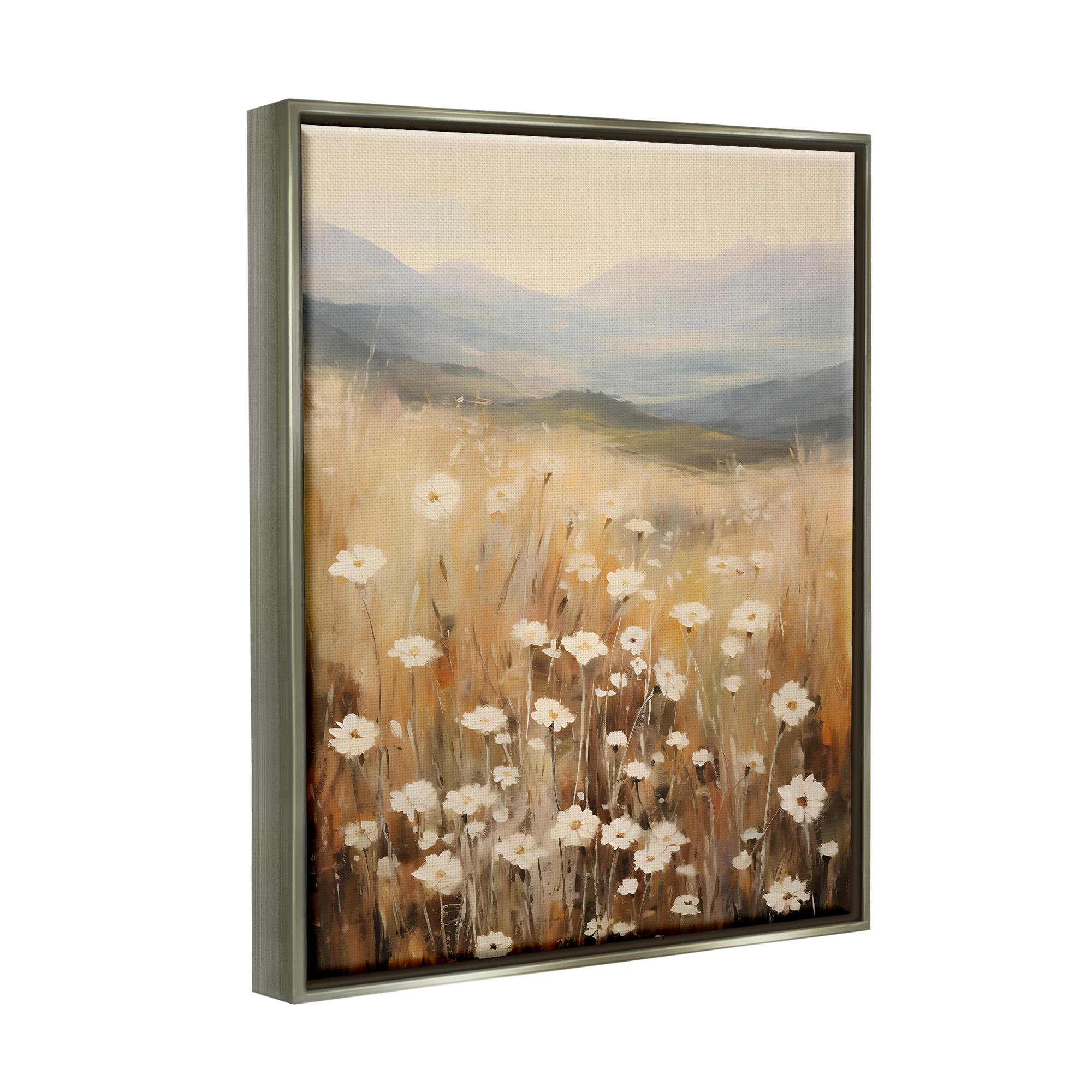 Stupell Industries Mountain Valley Meadow Botanical & Floral Painting Gray Floater Framed Canvas Art Print Wall Art, 17 x 21
