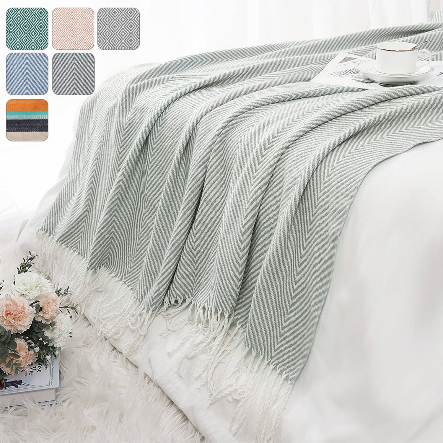 Bed Throw Blanket Charcoal Grey Eco Friendly Cotton Diamond Geometric Sofa 