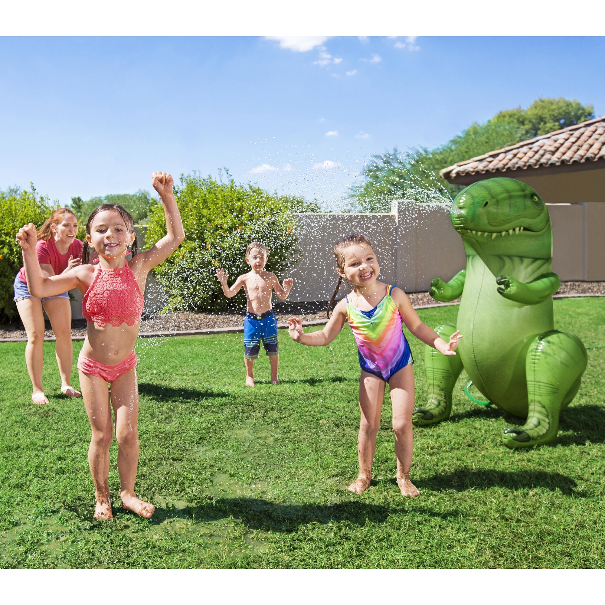 H2OGO! Inflatable Dinomite Sprinkler - Green Dinosaur, T-Rex Snout-Head Sprays Water, Outdoor & Backyard Toy Play, Hose Attaching, Toddlers & Kids 2+