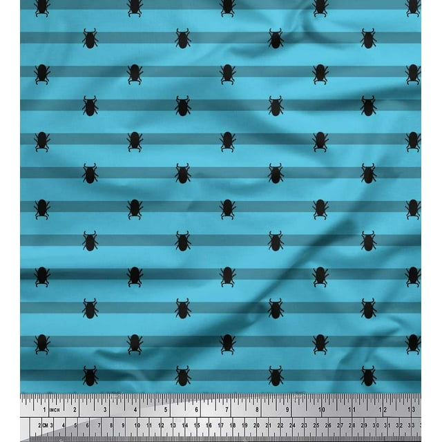Soimoi Tissu en Soie Bleu Rayé & Insectes Coléoptères Imprimé 1 Yard 42 Pouces de Large