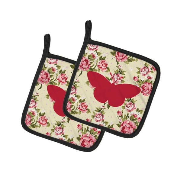 Butterfly Shabby Chic Yellow Roses Pair of Pot Holders