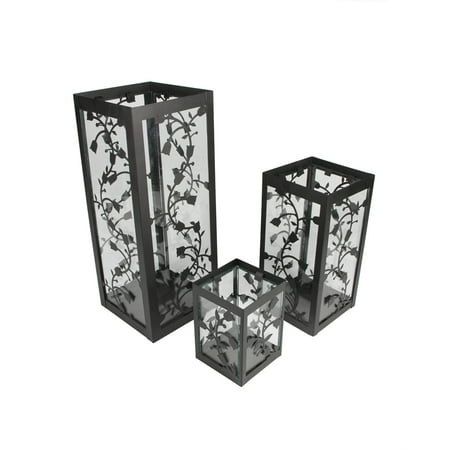 - Set of 3 Black French Country Garden Floral Pillar Candle Holder Lanterns 12