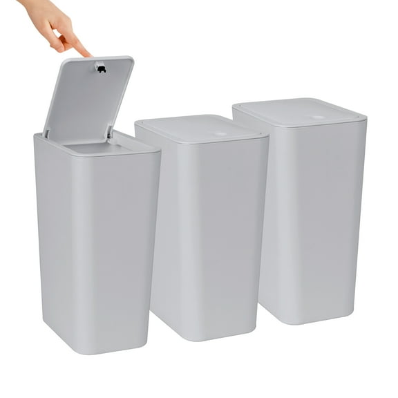 3 Pack Slim Plastic Trash Can, 2.6 Gallon Garbage Can with Press Top Lid, Modern Waste Basket for Bathroom, Gray