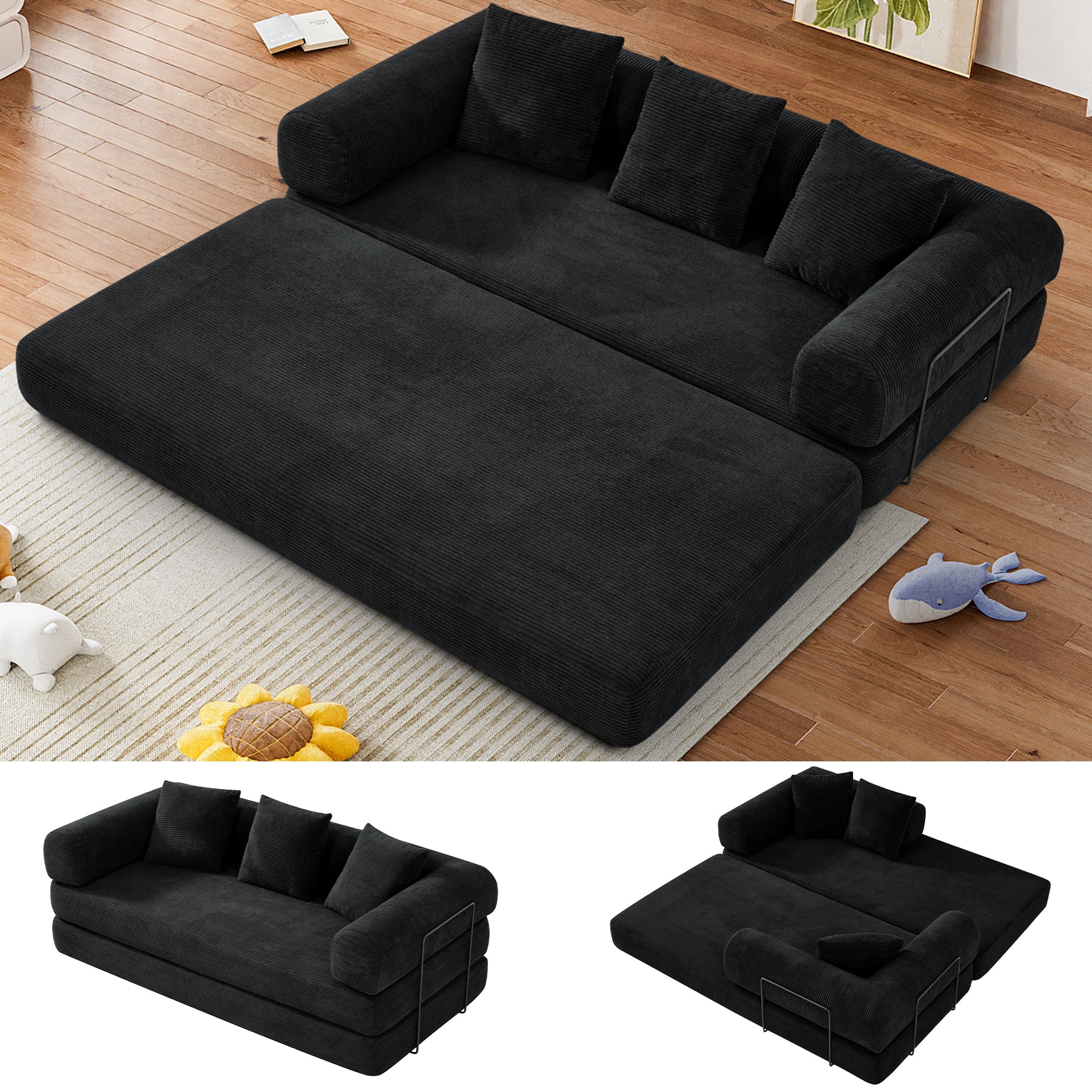 Wiilayok Convertible Sleeper Sofa Bed,Corduroy Modular Folding Mattress Couch with Fixed-Shape Frame,Comfy Futon Sofa Bed for Living Room, Bedroom(78.7",Black)