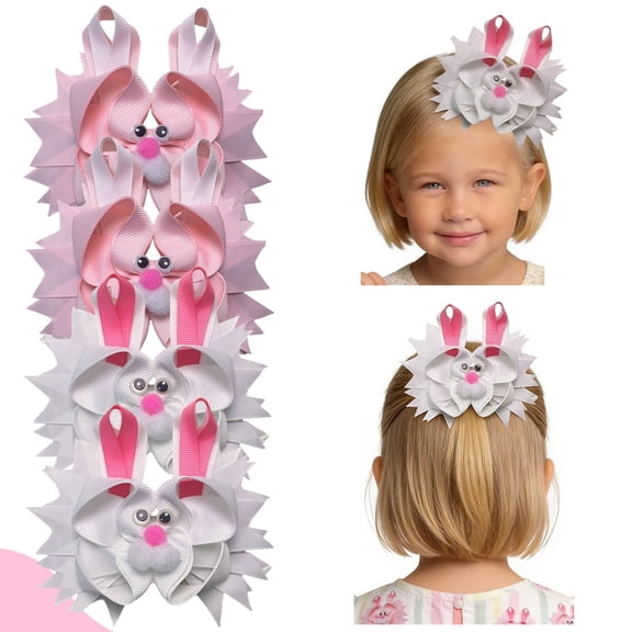 JoyBowie 4pcs 5.1in Bunny-Themed Hair Bows with Pom-Pom Accents Multi-Color Clips