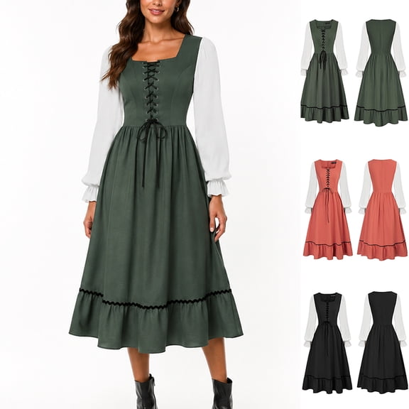 Anmrize Women Renaissance Peasant Dress, Long Sleeve Medieval Costume, Halloween Party Cosplay Dress, Renaissance Costume Women Peasant Medieval Dress Short Sleeve Maxi Fairy Dresses, Green L