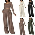 thumbnail image 2 of Enjoytime Outfits for Women 2 Piece Sets Solid Color Long Sleeve Cropped Tops Wide Leg Pants Loungewear Travel Matching Set 2025 Clothes, 2 of 8