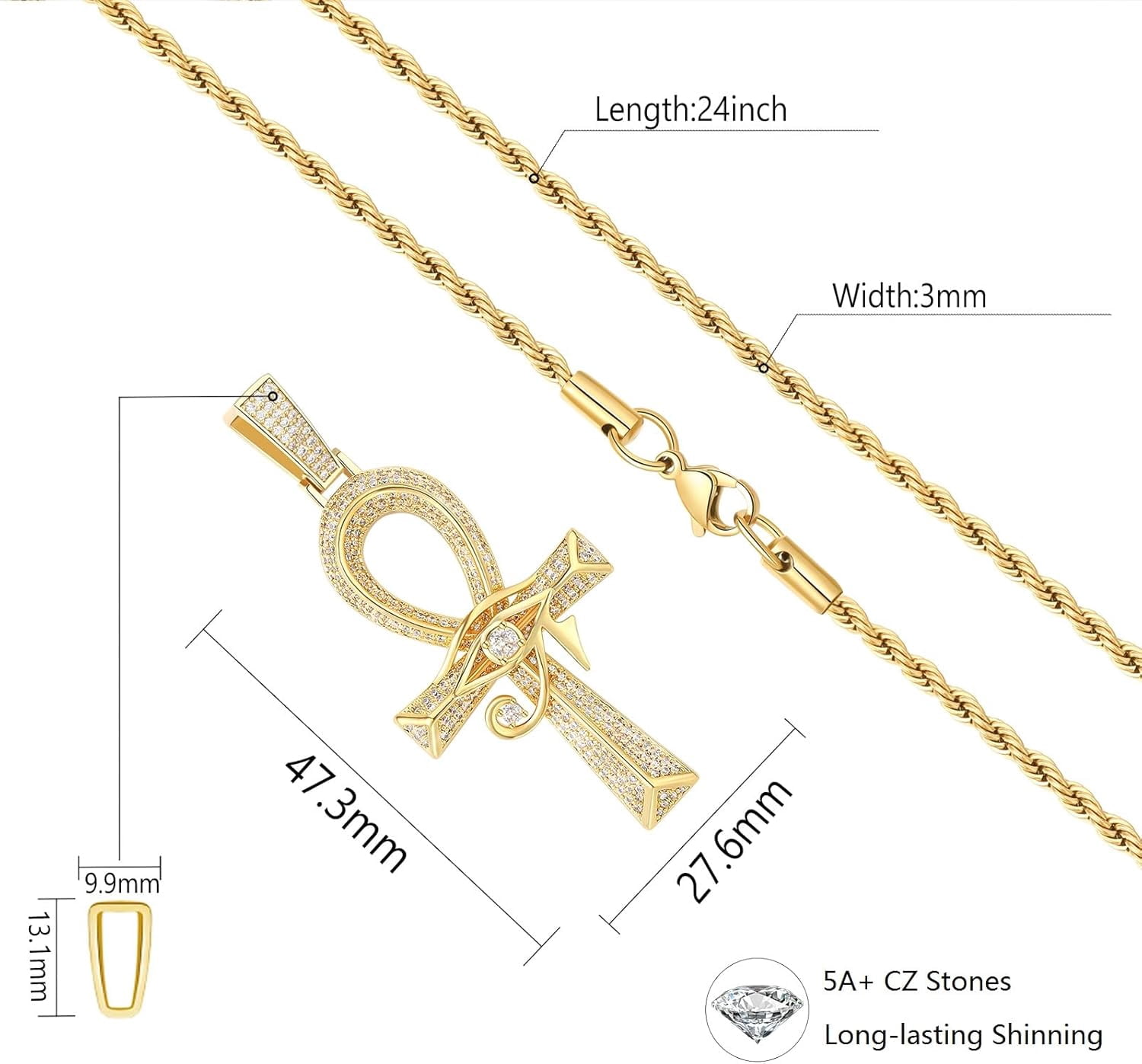 Leander Eye of Horus Ankh Cross Pendant Necklace 18K White Gold Plated Iced Out CZ Ancient Egyptian Religious Symbol Protection Chain Jewelry for Men Women Christmas Birthday Gift
