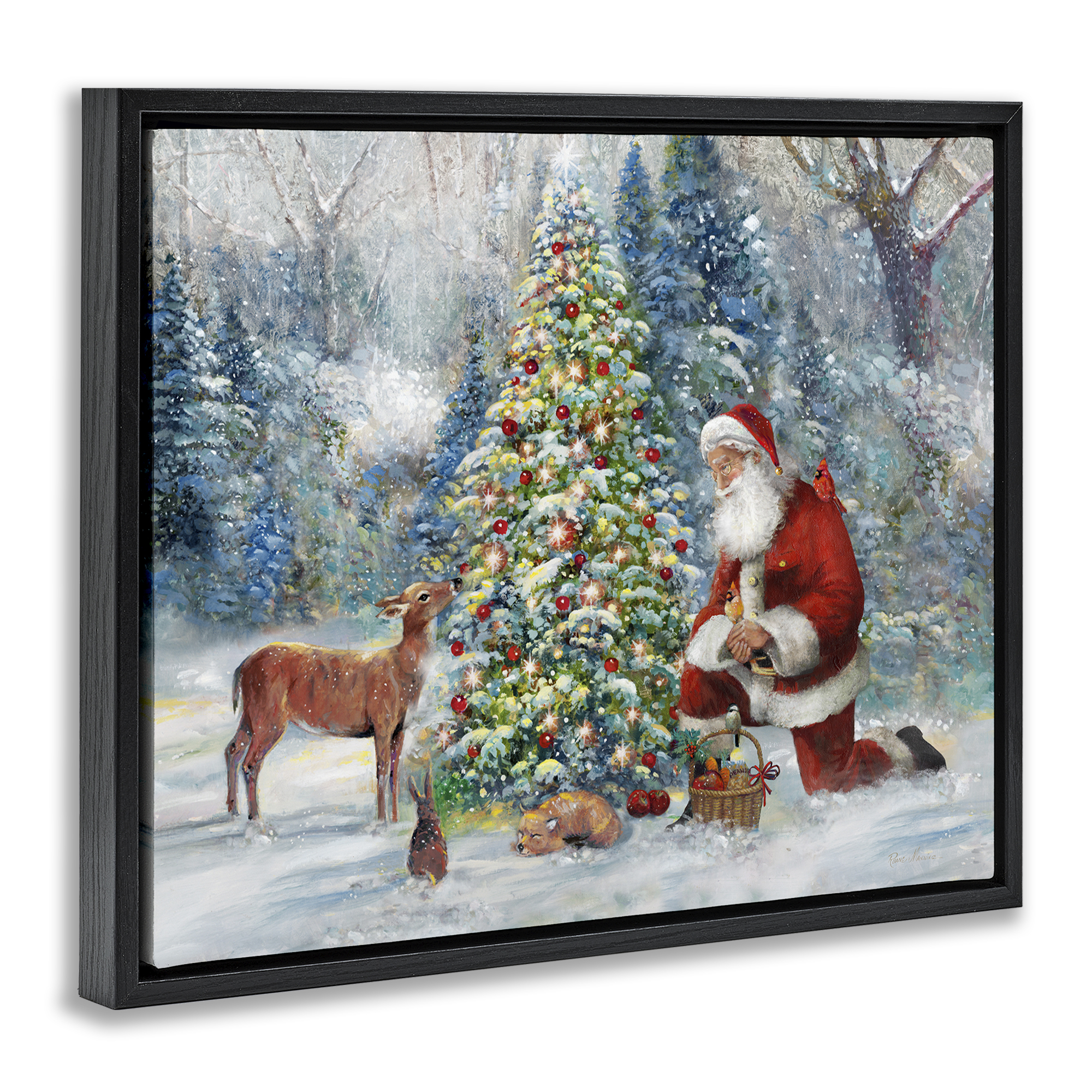 Stupell Industries Santa & Baby Deer Holiday Painting Black Floater Framed Canvas Art Prints Wall Art, 31 x 25