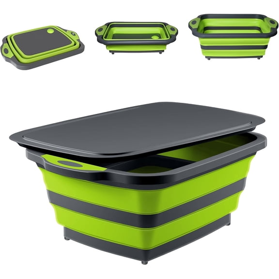 Collapsible BBQ Prep Tub wash basin with Lid,Cuopluber 3-in-1 Foldable Camping Sink Tub with Colander, BPA-Free Storage Blanket, Food Grade Portable Cutting Board for Picnic BBQ Traveling, Kitchen