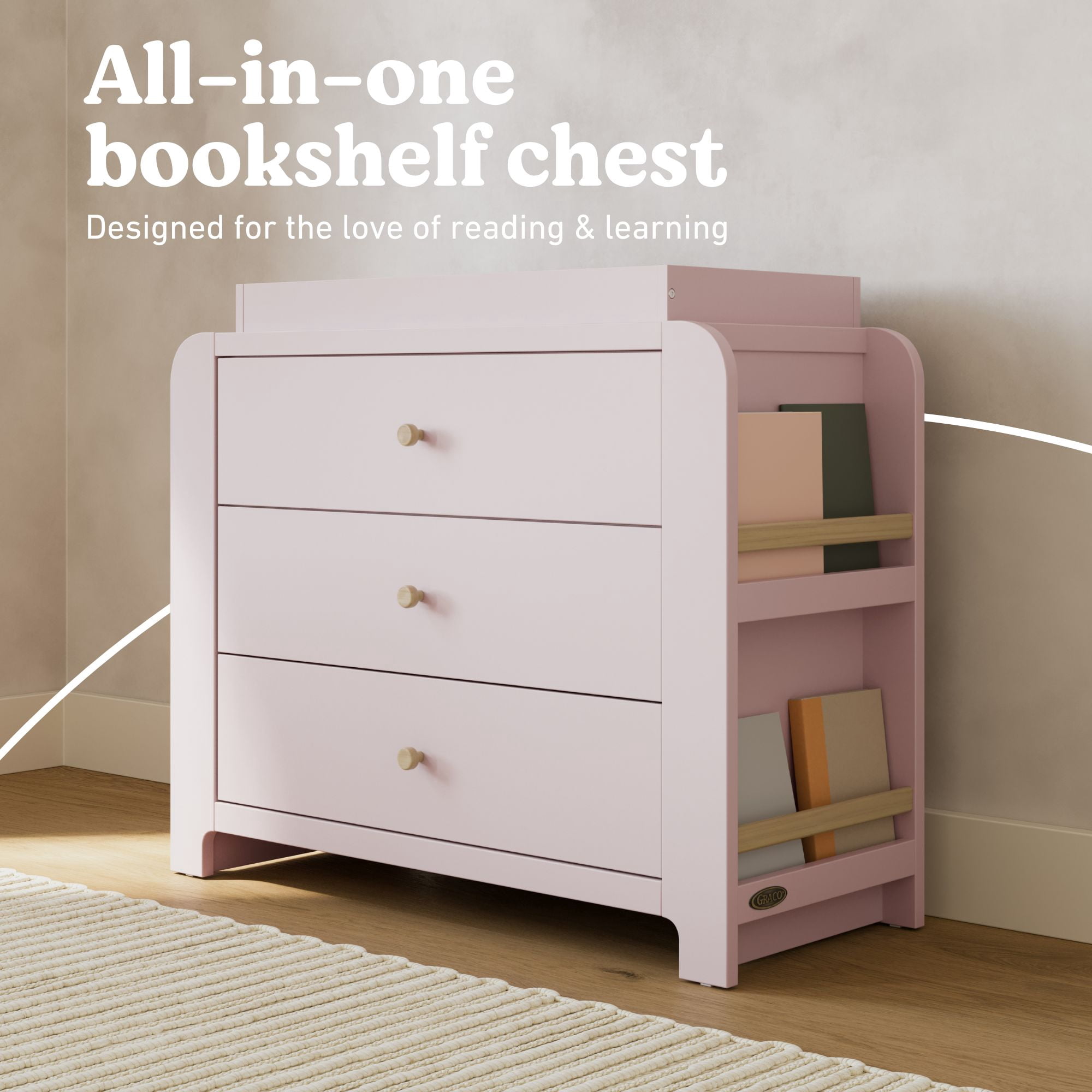 Graco Read-with-Me 3 Drawer Chest with Bookshelves and Removable Changing Topper, Blush with Driftwood