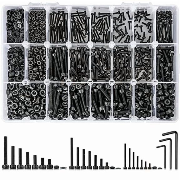 1260PCS Metric Bolt Assortment M2 , 21 Sizes Screws Nuts and Hex Socket Head Cap Machine Kit Black