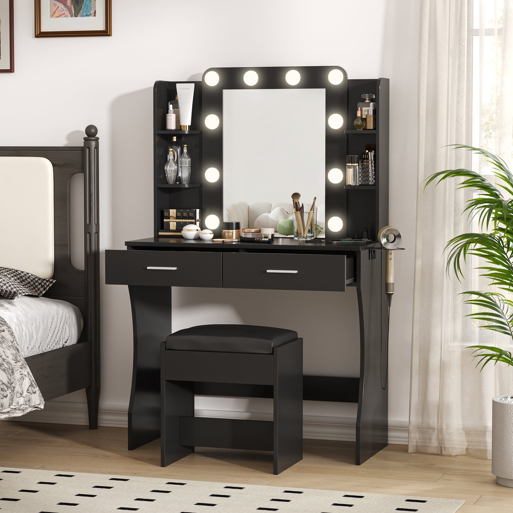 Vabches Vanity Set with Lighted Mirror & Power Outlet Makeup Table with 2 Large Drawers, Black