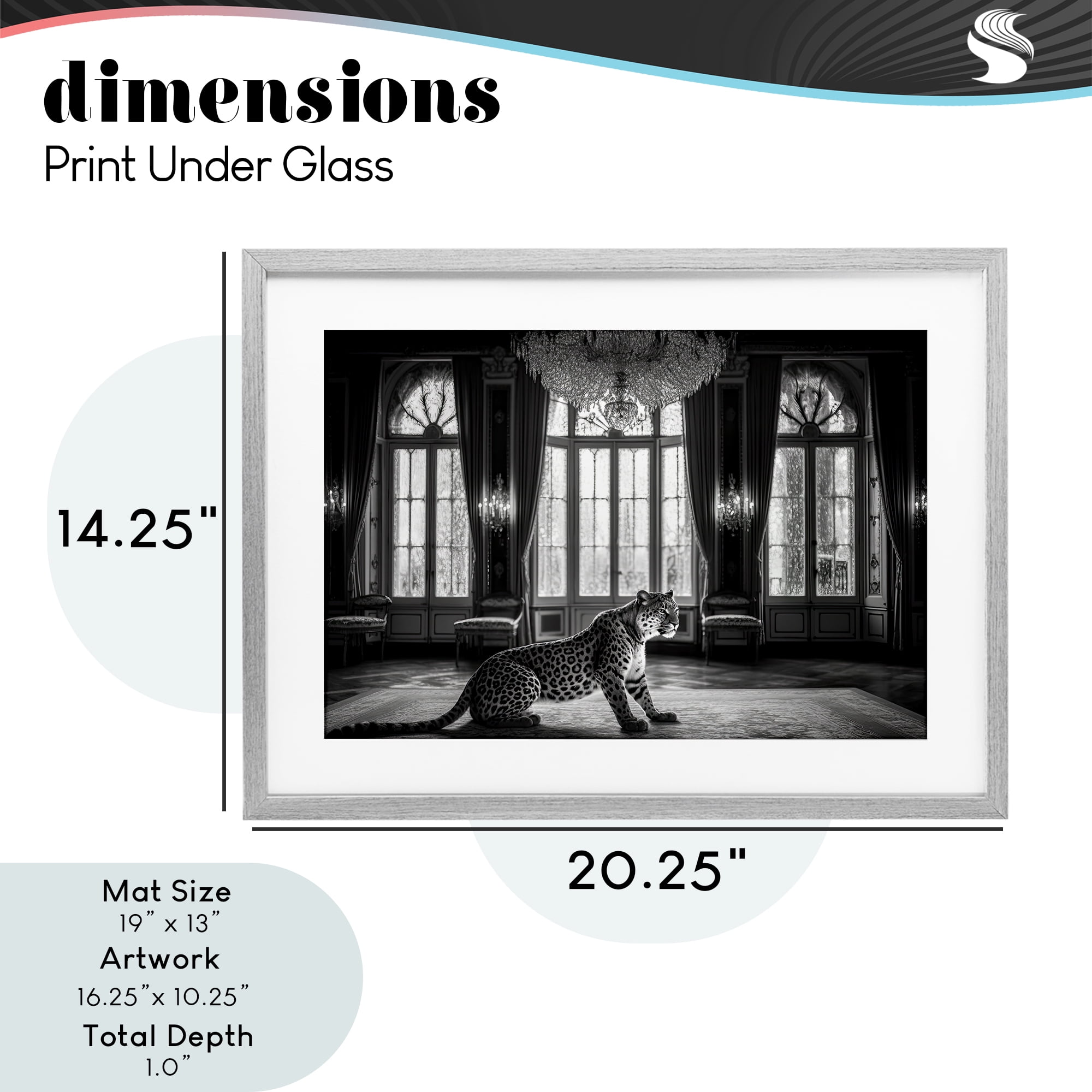Snow Leopard in Opulent Mansion Gray Framed Print Under Glass, design by Decent Exposures