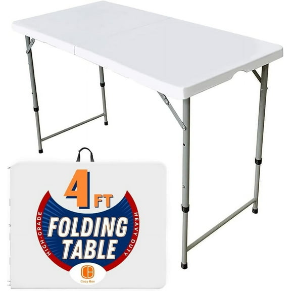 Folding Table Indoor Outdoor Heavy Duty Portable Folding Plastic Dining Table w/Handle, Lock for Picnic, Party, Camping - White (4ft, 6ft, 8ft) (4ft)