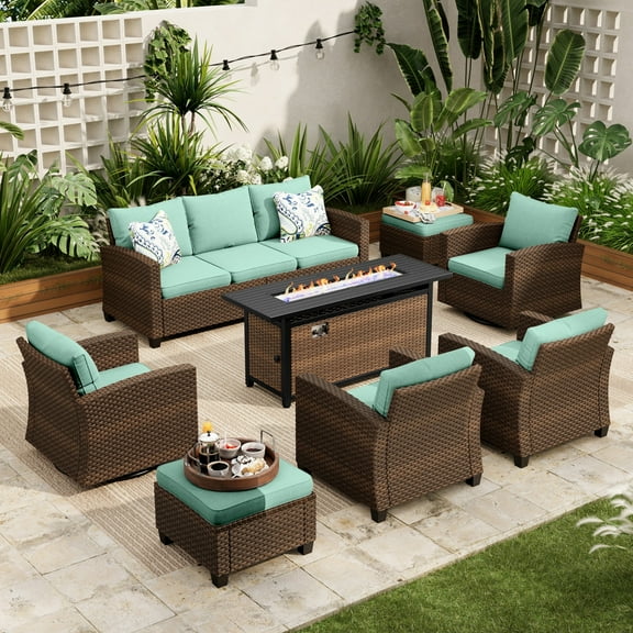 Sophia & William 8 Pieces Patio Furniture Set with Swivel Chairs and 56” Fire Pit Table, Blue