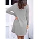thumbnail image 3 of Vestido de mujer Manga larga Botón Frente Cuello en V Dobladillo suelto Vestido de otoño de color puro con dos bolsillos Gris S, 3 of 5