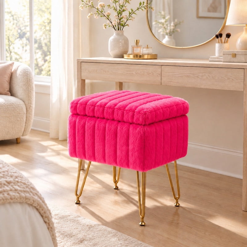 BEAUTYPEAK Vanity Stool with Storage Faux Fur Padded Makeup Ottoman with Gold Metal Legs and Adjustable Feet 18.9" Footstool, Rose