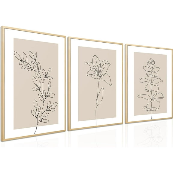 FCCUYE Neutral Botanical Canvas Wall Art Set of 3, Beige Line Flower Minimalist Plant Poster Prints, Abstract Boho Floral Artwork Wall Decor Paintings for Bathroom Bedroom Living Room 12x16 In