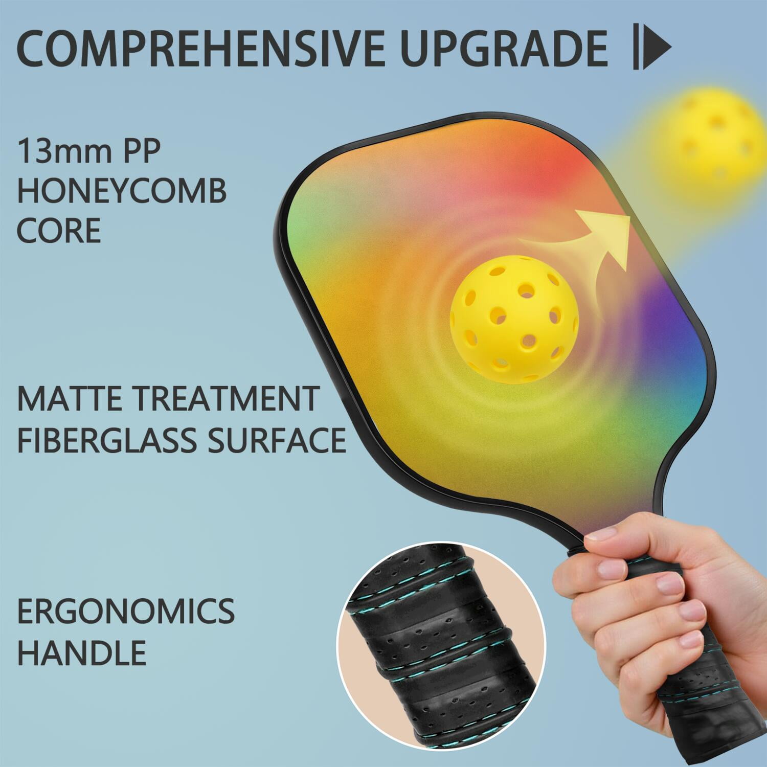 Pickleball Paddles Set Of 1, Fiberglass Surface, Vibrant Rainbow Print, 1 Paddle, 2 Balls & Bag