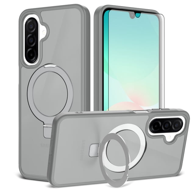 Asuwish Phone Case for Samsung Galaxy A16 A26 A17 5G/4G Tempered Glass Screen Protector Magnetic Folding Stand Frosted Translucent Rugged Shockproof Protective Cell Cover A 16 26 16A Women Men Grey
