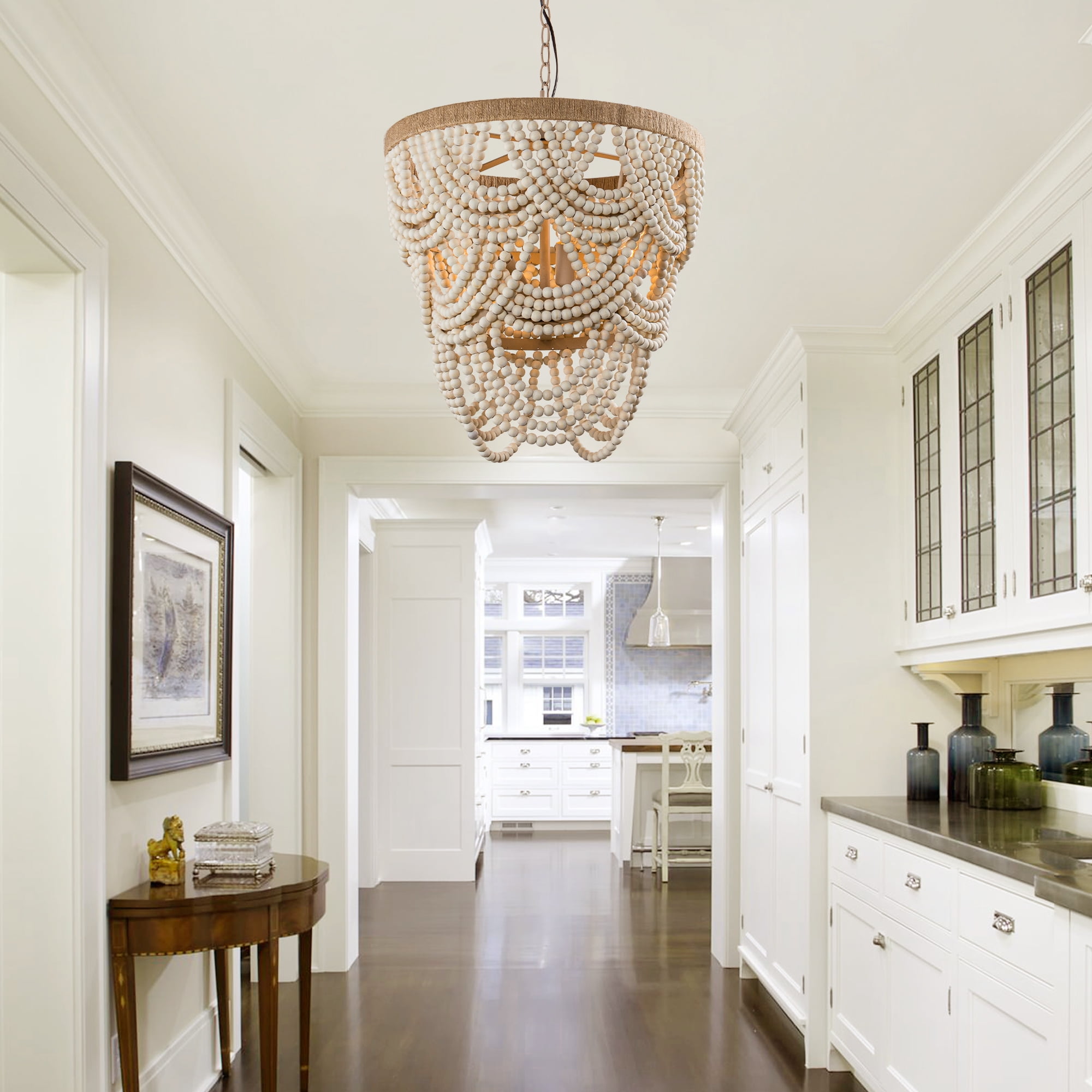 Parrot Uncle 20" Bohemian 4-Light 3-Tier Wood Beaded Dimmable Chandelier Pendant for Bedroom