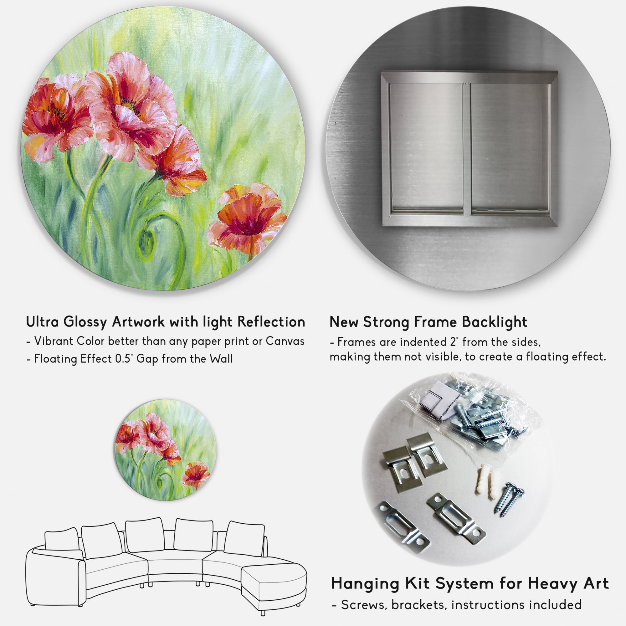 Designart 'Red Blossoming Poppies Over Wild Green II' Traditional Circle Metal Wall Art 36x36 - Disc of 36