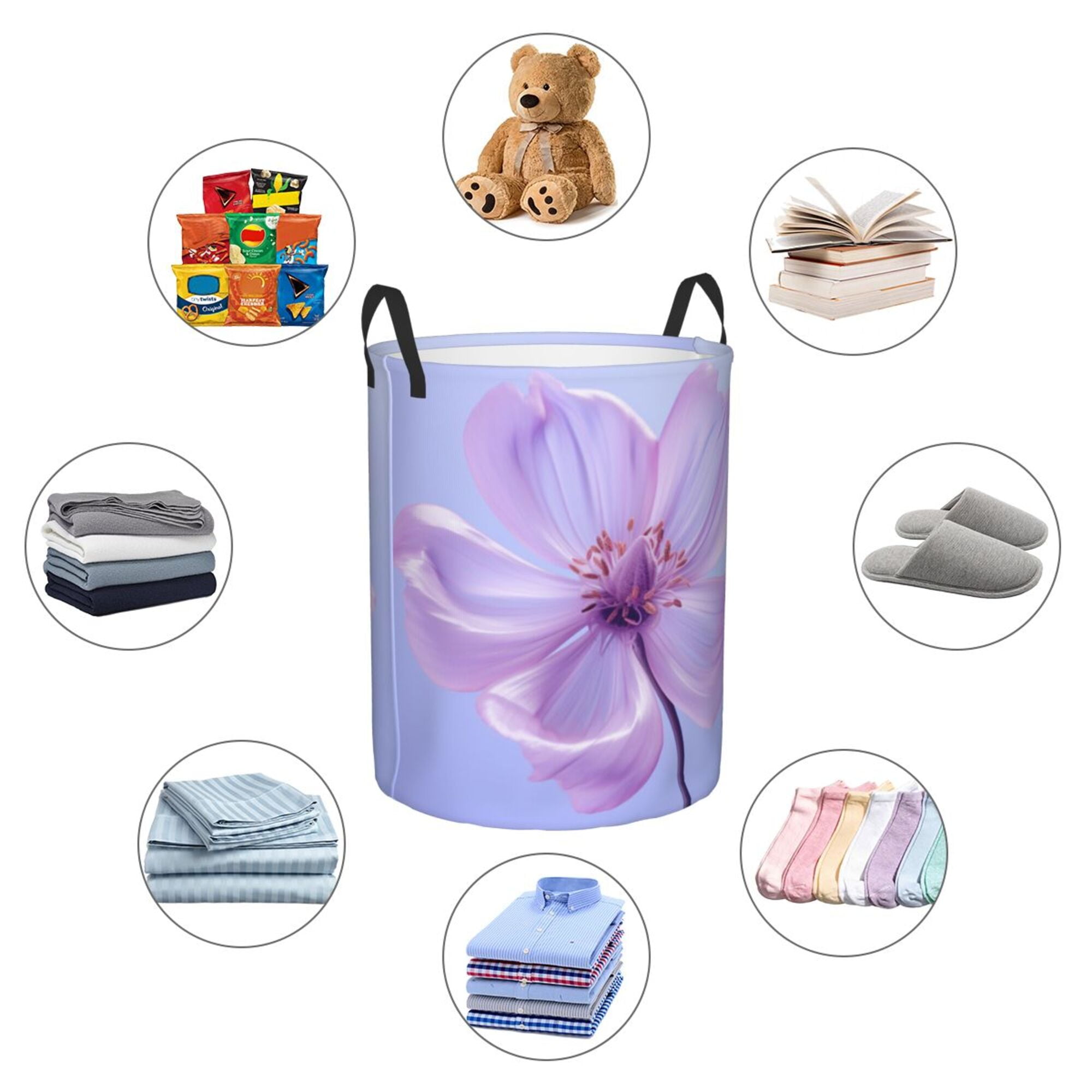 Bright Purple Flower Laundry Hamper Medium Storage Basket/Toy Organizer/Dirty Clothes Bucket