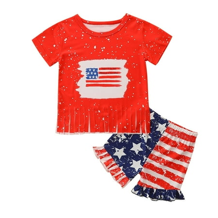 

B91xZ Baby Outfits For Girls Toddler Kids Baby Girls 4 Of July Summer Short Sleeve Independence Day Tassels T Shirt Tops Size 3 Years