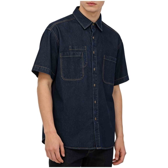 YUGYXL Mens Button Down Short Sleeve Shirt Casual Summer Stretch Denim Dress Shirts with Pocket Regular Fit Lightweight Shirt Dark Blue XL