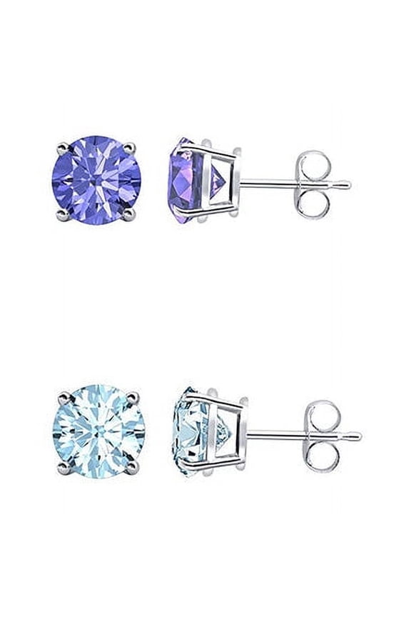 14k White Gold Plated 1Ct Created Tanzanite And Aquamarine 2 Pair Round Stud Earrings
