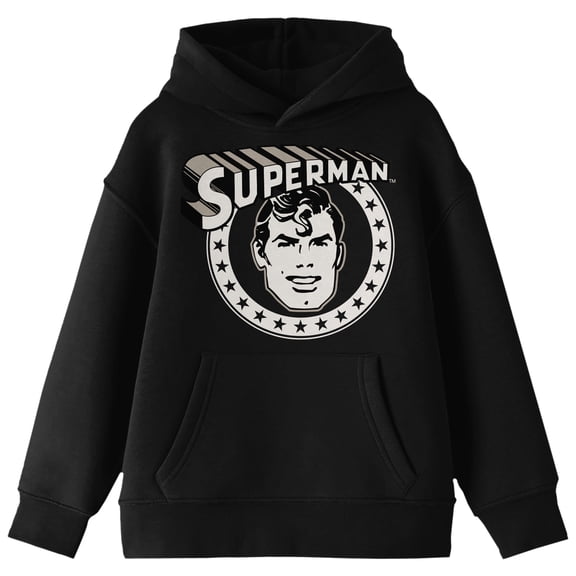 Bioworld Superman Core Vintage Character Portrait and Logo Youth Black Graphic Hoodie -Small