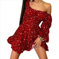 thumbnail image 1 of Vestido Corto Bohemio con Hombros Descubiertos, Mangas Abullonadas y Estampado Floral para Mujer, Corte A, Minivestidos Rojo L, 1 of 7