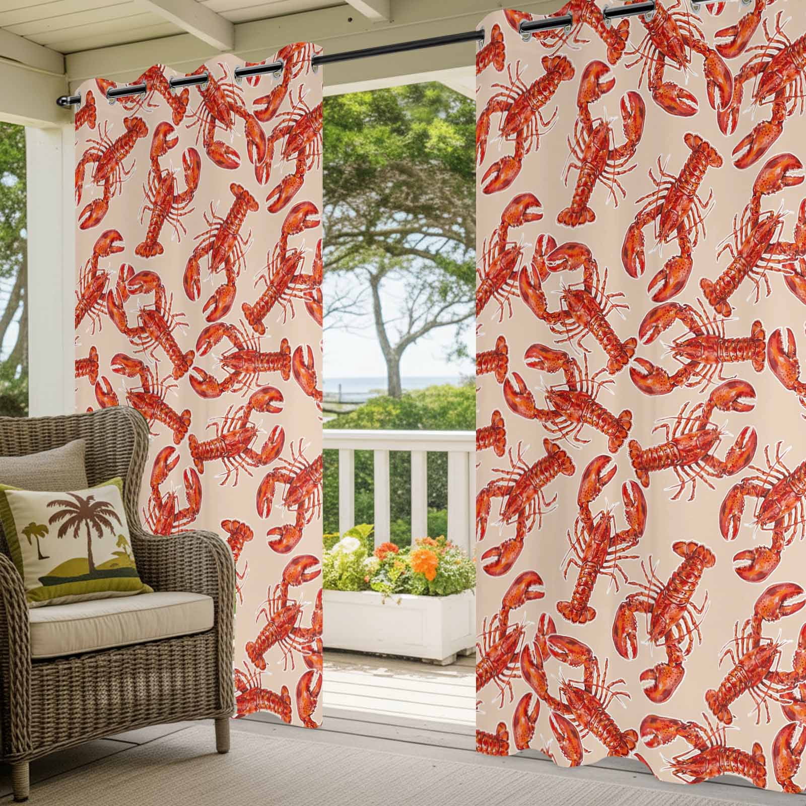 Red Lobster Outdoor Curtains for Patio, Summer Crawfish Ocean Animal Minimalist Art Retro Sunshade Privacy Drapes Grommet Waterproof Outside Curtains for Porch/Cabana/Balcony 54"x 108", 1 Panel