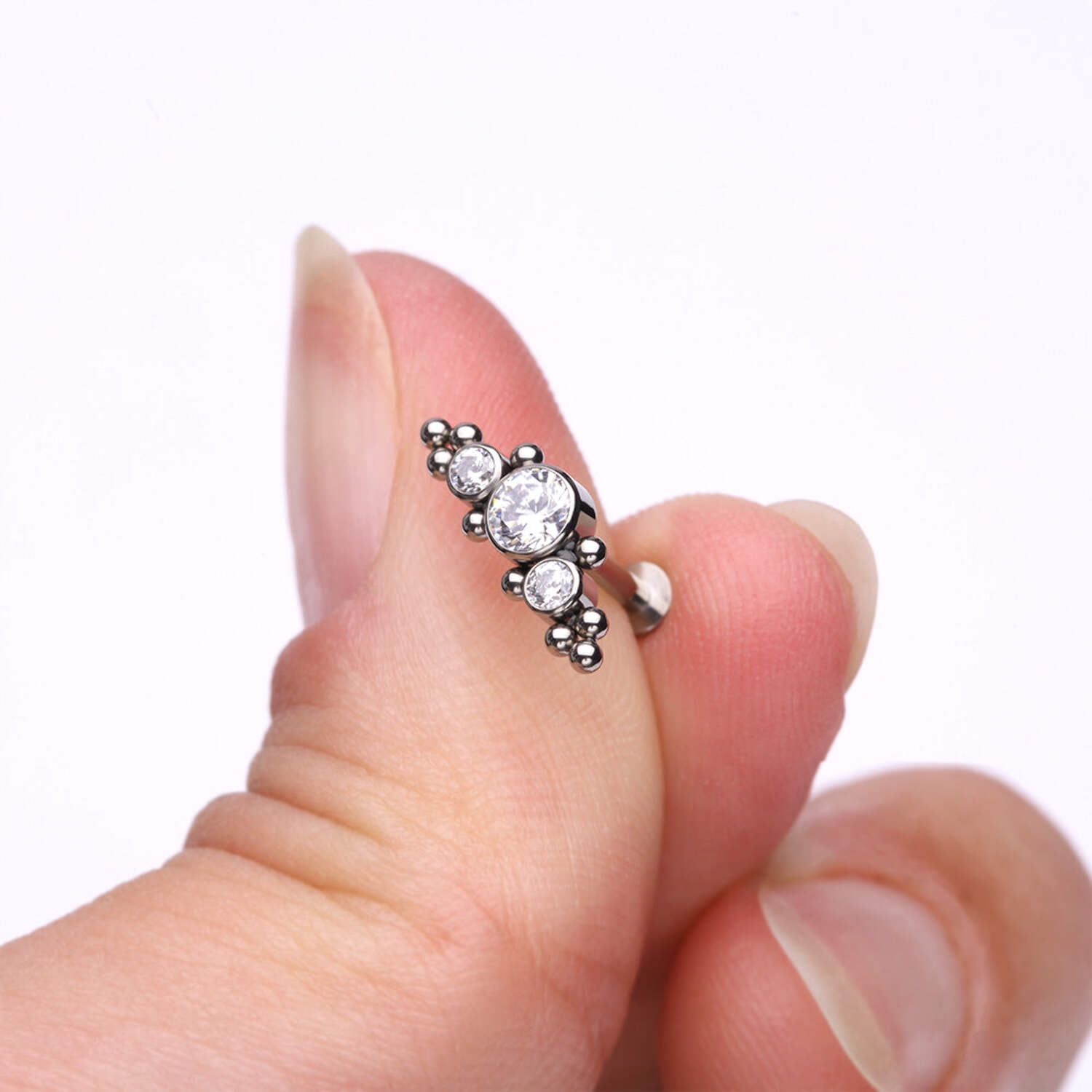 Implant Grade Titanium Sparkle Arc Bali Beads Top Internally Threaded Flat Back Stud Labret