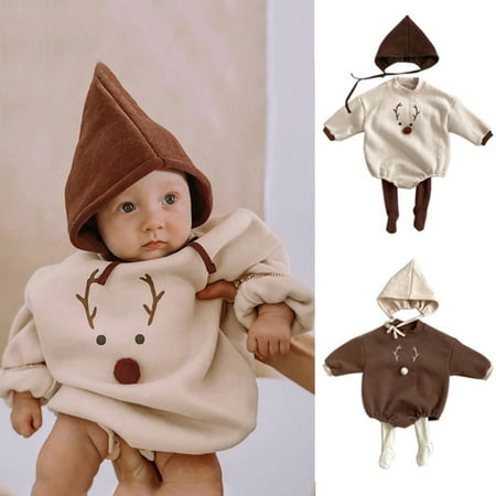 

Popvcly Fall 0-24 Months Newborn Infant Baby Boy Girl Outfit Clothes Cotton 3D Elk Print Rompers Jumpsuits For Toddler