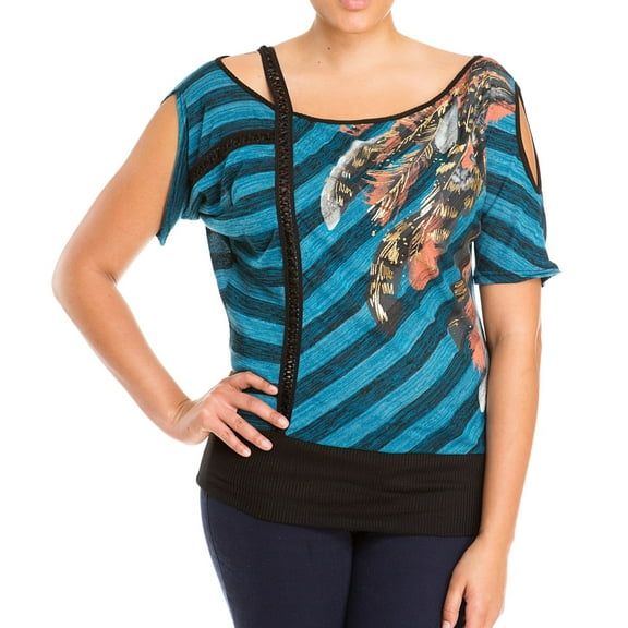 eVogues Plus Size Designer Print Off Shoulder Top Teal