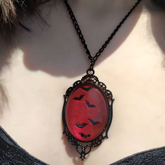 DESIGNICE Bat Pendant Necklace Women Gothic Choker Oval Pendant with Bat Pattern Vintage Witch Jewelry Gift for Halloween Birthday Anniversary