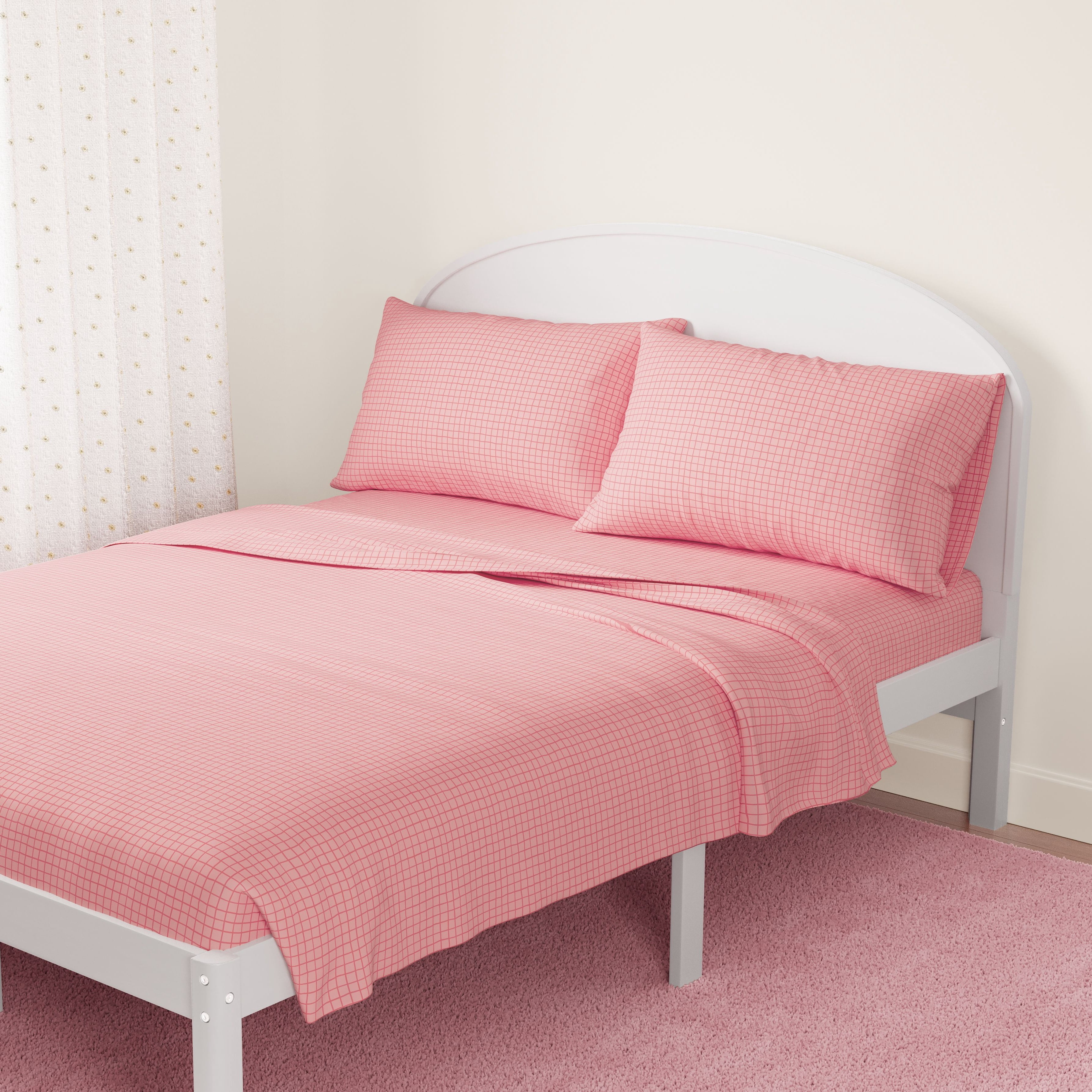 Mainstays Kids Microfiber Bed Sheet Set, Queen, Pink Grid, 4 Pieces