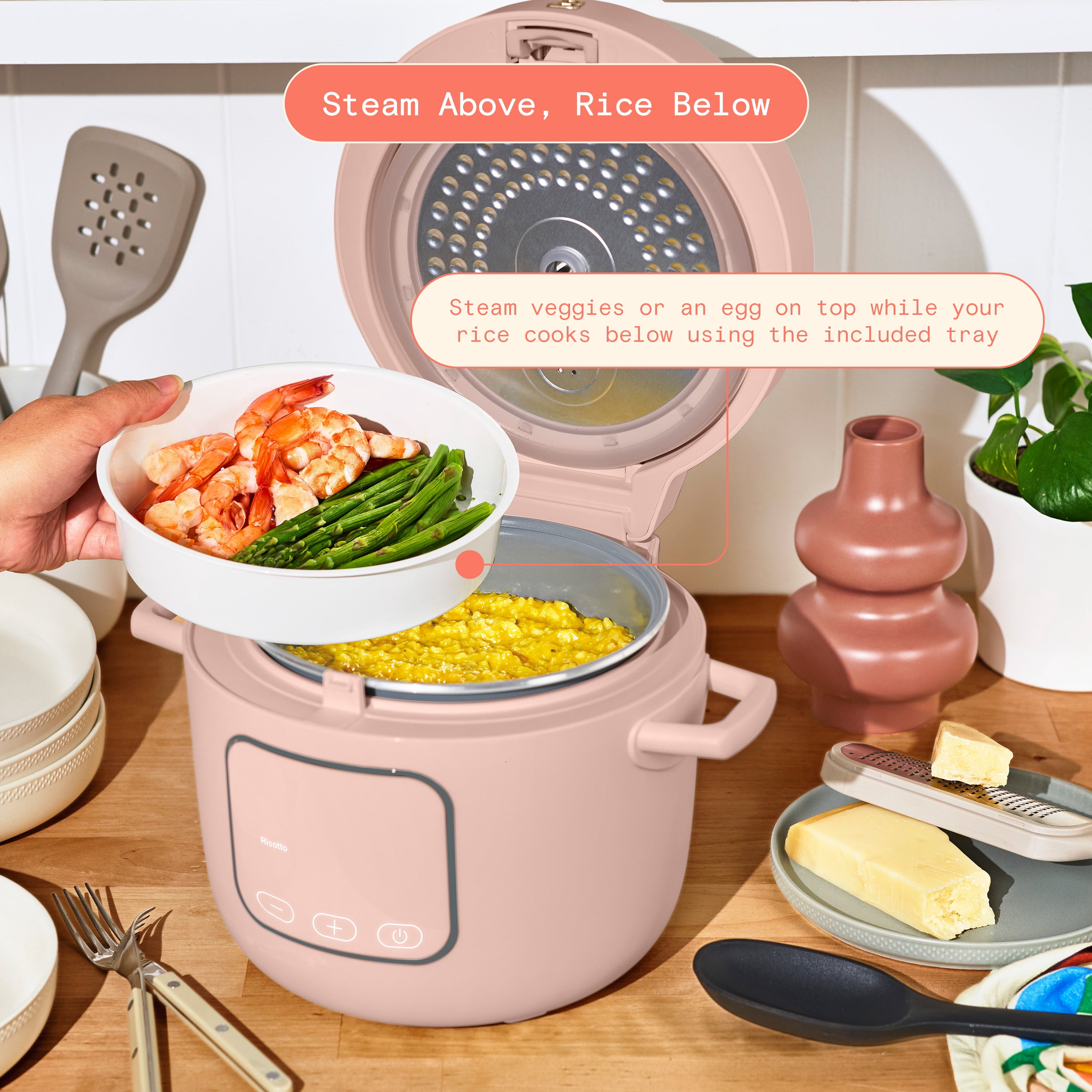 Beautiful 14-Cup Cooked, 6-Cups Uncooked Electric Rice and Grain Cooker, EverGood™ Ceramic Nonstick Coating, Rose by Drew Barrymore