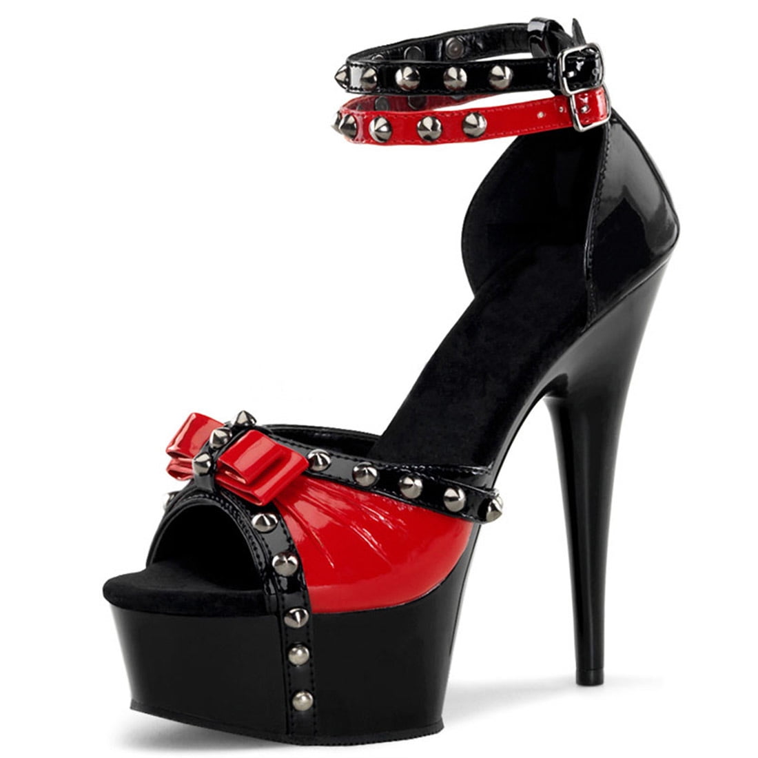 SummitFashions Glossy Black and Red High Heels with Studded Straps