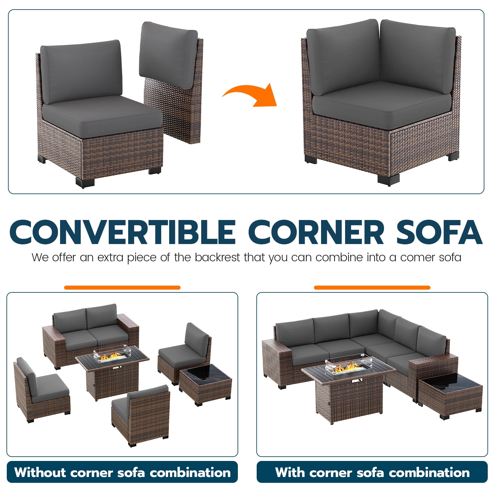 ELPOSUN Outdoor Sectional Furniture Set with Fire Pit Table, 7-Piece Brown Rattan Wicker Conversation Sofa Set for Porch Garden Backyard Balcony,Gray