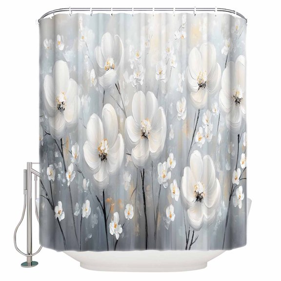 Extra Long Shower Curtain 72x84 Inch, White Flowers Shower Curtain Waterproof Bathroom Decor Retro Camellia Floral Spring Grey Modern Art Fabric Bath Curtain Set Accessories with Hooks