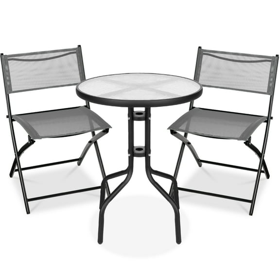 Best Choice Products 3-Piece Patio Bistro Dining Furniture Set w/ Glass Tabletop, Folding Chairs - Gray