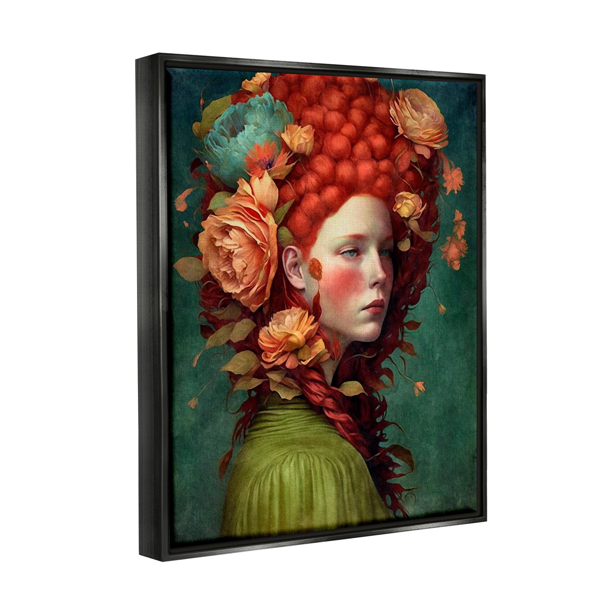 Stupell Industries Woman with Peonies Portrait Botanical & Floral Painting Black Floater Framed Art Print Wall Art, 25 x 31