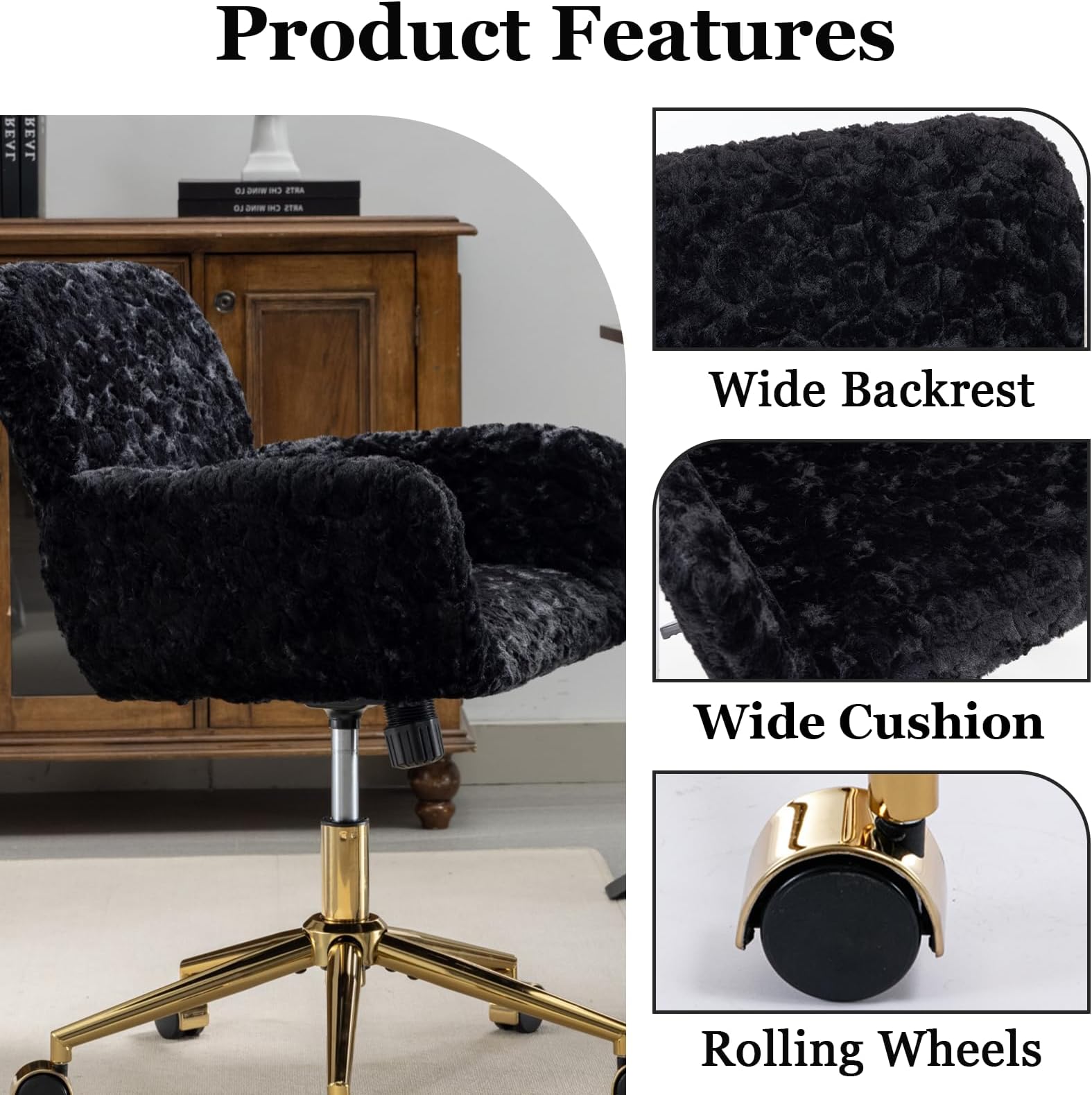 JESTOP Furry Cute Office Chair, Modern Swivel Desk Chair with Wheels, Adjustable Makeup Vanity Chairs with Back, Upholstered Rolling Chairs for Vanity Makeup Room Study Indoor